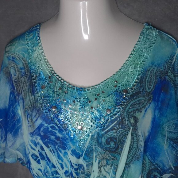 Catherines Dress 2X Blue Paisley Rhinestone Studded Neckline Flutter Sleeves - Picture 2 of 5